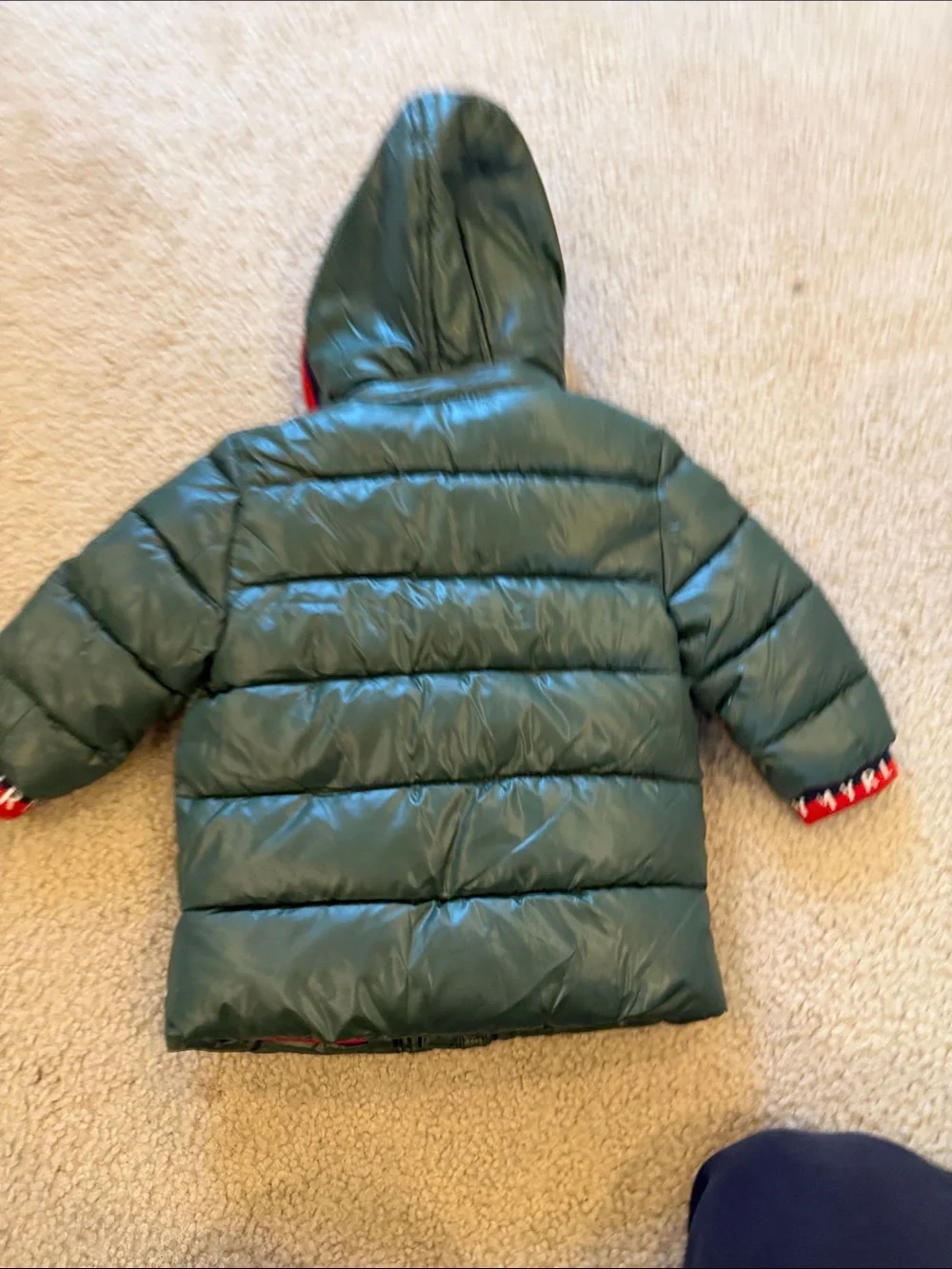 Mayoral Green Puffer Jacket with Red Hood Trim